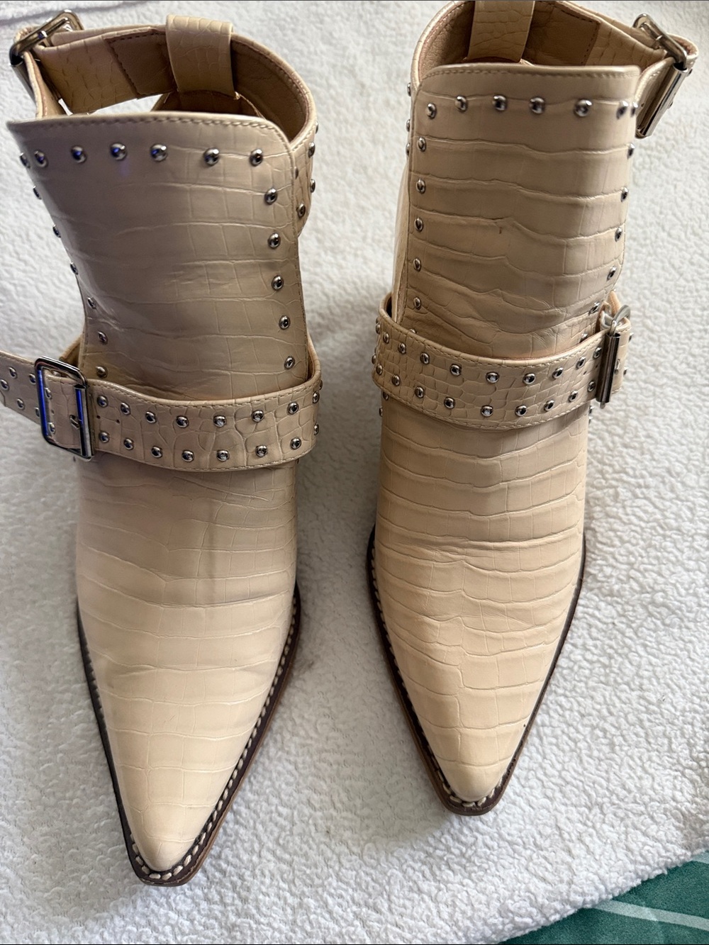 Studded Croc-Embossed Pointed Ankle Booties in Cream